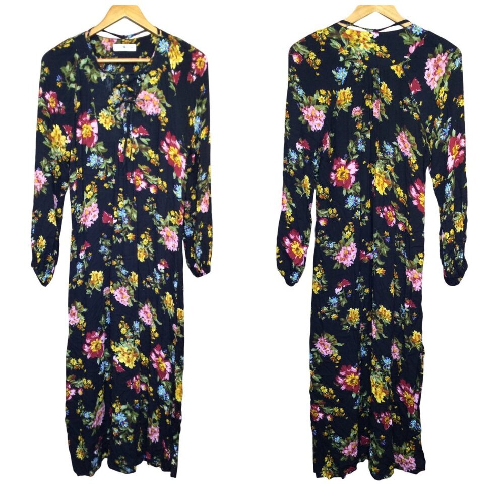 Natural Life Womens Dark Floral Midi Dress Size M Long Sleeve Rayon Boho